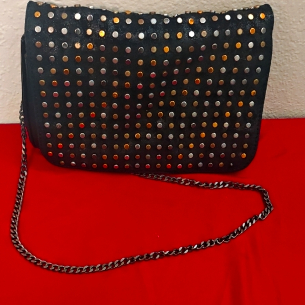 Patricia Nash Black Leather Studded Embellished Crossbody Luisa Flap Clutch